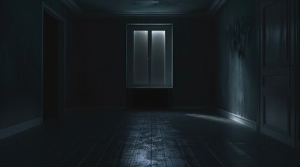 Empty dark room with minimal lighting, exuding a sense of solitude and isolation
