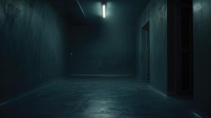 Empty dark room with minimal lighting, exuding a sense of solitude and isolation