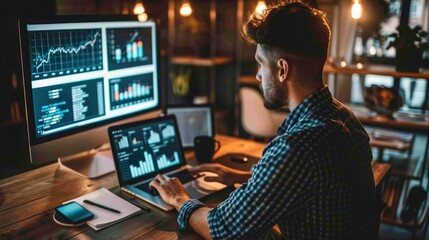 Entrepreneur researching smart open AI applications, using his laptop to stay ahead of the curve