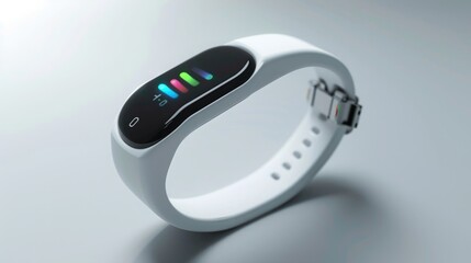 A white fitness tracker with a colorful display showing heart rate and other data.
