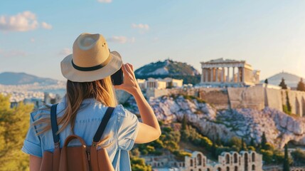 Fototapeta premium Young woman taking photographs with smart phone in Athens with Acropolis at the background. Traveler girl enjoying vacation in Greece. Summer holidays, vacations, travel, tourism, technology concept. 