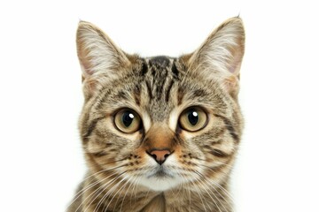 Closeup portrait of a curious tabby cat staring at the camera on a plain white background