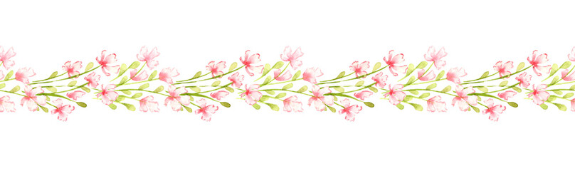 Small pink flowers pattern horizontal watercolor illustration. The elegant design is ideal for borders, invitations, greeting cards and decorative projects, adding a floral touch.