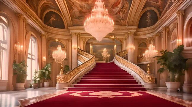 Grand elegant staircase with red carpet in the luxurious palace interior