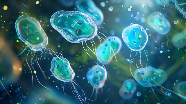 Giardia lamblia under a microscope. Protozoan parasite with multiple flagella