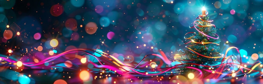 Festive Christmas tree with colorful lights and sparkling decorations, Concept of holiday decor, celebrations, new year. Banner. Copy space