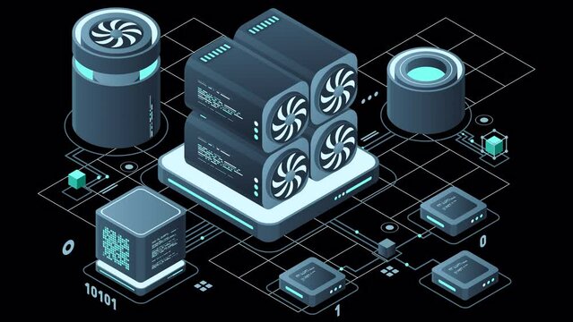 Isometric blockchain animation. Isometric cryptocurrency. Platform creation of digital currency. Big data technology in isometric. Transparent background with alpha channel