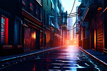 Fototapeta premium Hyperrealistic urban alley with walls that appear to be made of moving water.