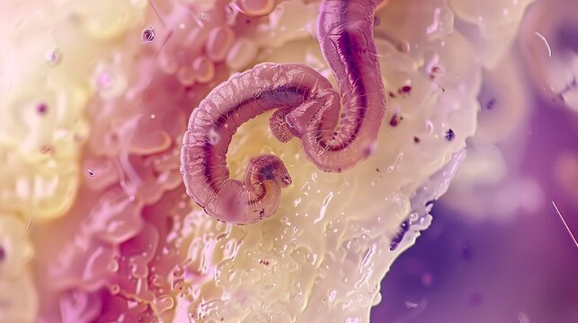 Close-up view of bull tapeworm scolex. Parasitic worm with hooks and suckers. Parasitology, helminth, disease-causing, microscopic concept