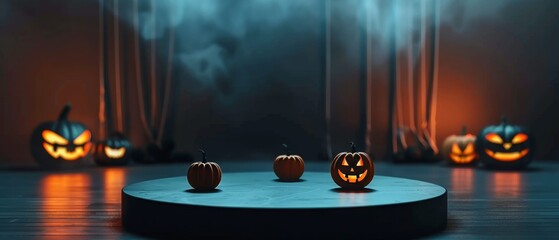 Podium product presentation with halloween background for commercial, spooky halloween backdrop.