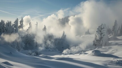 The symphony of nature as the sound of steam escaping from snow chimneys blends with the howling wind.