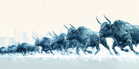 Powerful Bulls Running Through a Foggy Field