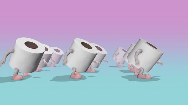 Seamless cartoon animation of dancing toilet paper rolls with pastel color backdrop. Funny kids background.
