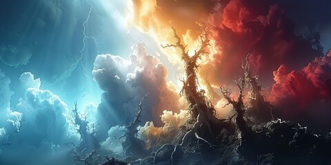 Surreal Sky Battle: Vibrant Digital Art Depicting a Clash of Fiery Red and Cool Blue Clouds with Majestic Lightning Strikes