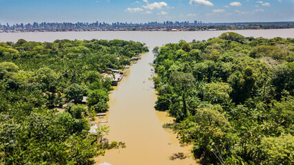Aerial view of Combu Island in Belém, Pará. Restaurants in the middle of the Amazon streams
