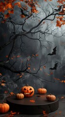 Podium product presentation with halloween background for commercial, spooky halloween backdrop.