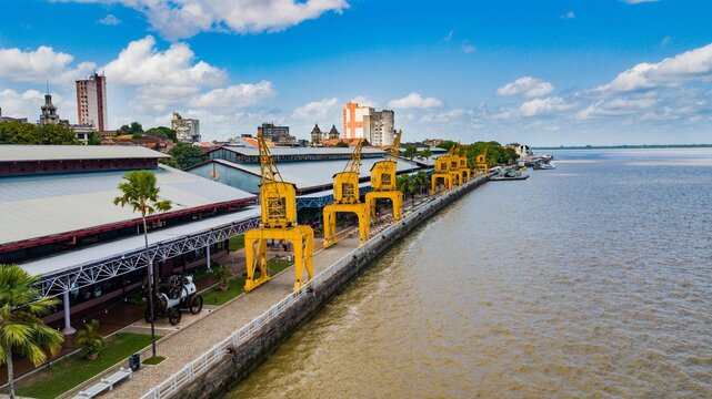 Bel&eacute;m do Par&aacute;. Aerial view of Esta&ccedil;&atilde;o das Docas, a revitalized area with restaurants in the city of Bel&eacute;m, Par&aacute;, Brazil