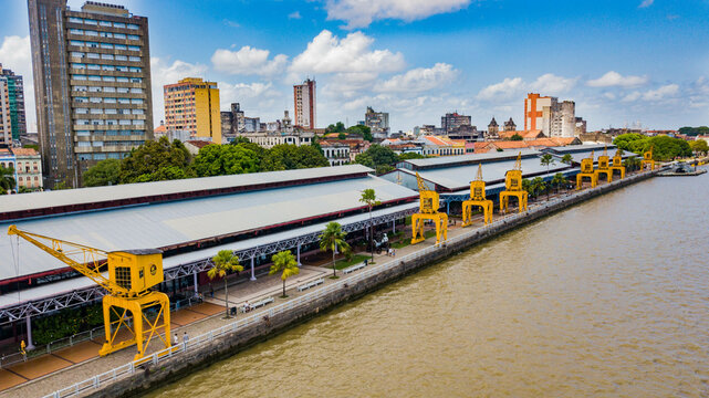Bel&eacute;m do Par&aacute;. Aerial view of Esta&ccedil;&atilde;o das Docas, a revitalized area with restaurants in the city of Bel&eacute;m, Par&aacute;, Brazil