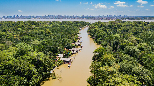 Aerial view of Combu Island in Bel&eacute;m, Par&aacute;. Restaurants in the middle of the Amazon streams