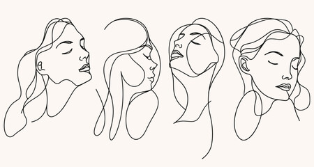 Set of outline portraits women. Simple, minimalist vector illustration of beautiful female faces. Line art