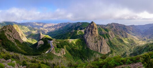 Panorama with the mountains Roque de Ojila, Roque de la Zarcita and Roque de Agando, Monumento Natural de los Roques, La Gomera, Canary Islands, Spain, Europe
