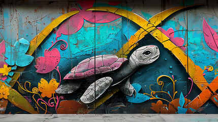 a colorful sea turtle mural, swimming among abstract shapes and vibrant patterns. The background is a mix of blue, pink, yellow, and orange hues, creating a dynamic and lively underwater scene