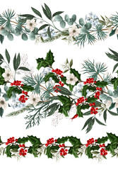 Botanical border with Christmas flowers and elements. Vector.