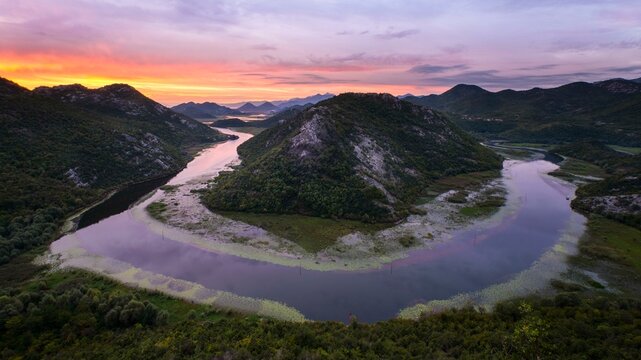 Sunrise over Lake Scutari, Rijeka Crnojevica, Montenegro, Europe
