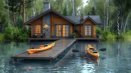 serene lakehouse retreat with a wooden dock and kayaks floating on the water cut out on an isolated minimalistic background