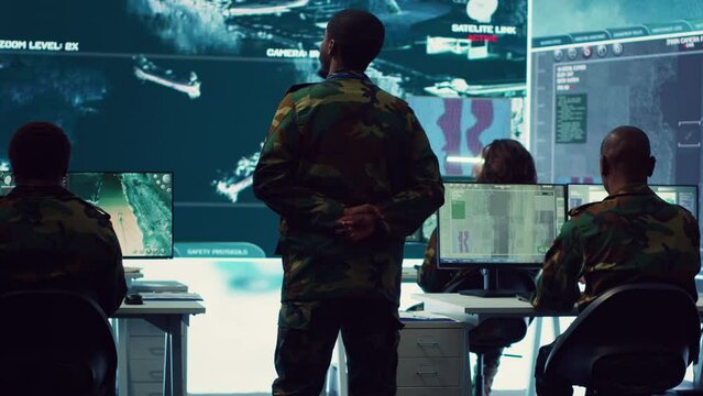 Military unit leader conducts reconnaissance operation to gather data and support troops in the field. Uses command center gear to provide crucial information, federal satellite radar. Camera A.