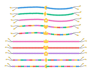 Kids jewelry set. Colorful handmade bracelets with plastic beads. Friendship bracelets. Vector illustration in flat style