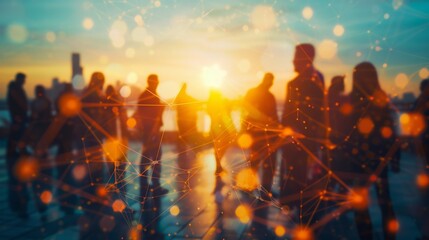Silhouettes of People Networking at Sunset, Generative AI