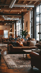 Fototapeta premium A modern loft interior with exposed beams and large windows, featuring a brown leather sofa with pillows, a wooden coffee table, and a patterned rug