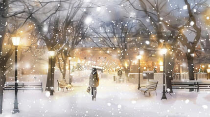 Obraz premium A woman walks through a snow-covered park at night, with streetlights casting a warm glow on the snowy ground and trees