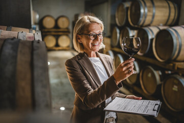 Mature senior woman stand in basement hold clipboard and glass of wine
