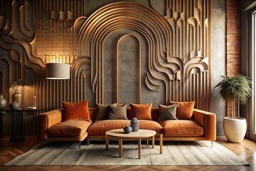 Burnt orange wall, rust sofa, wooden table, cozy, elegant atmosphere