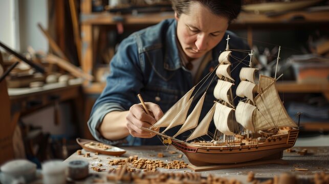 A serene afternoon sees a person meticulously assembling a model ship, each tiny piece placed with care.