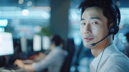 Obraz premium Happy young male customer support executive working in office. young man using a headset and computer in a modern office.