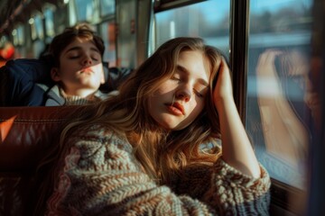 A young woman looks out of the window of her train as she travels