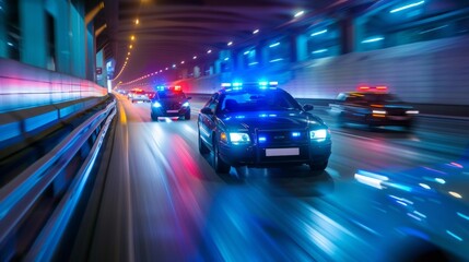 A police car is driving down a highway with other cars behind it