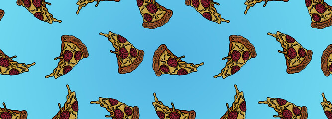 Cartoon pizza slices hand draw illustration texture pattern background wallpaper horizontal banner template