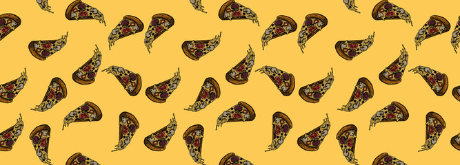 Cartoon pizza slices hand draw illustration texture pattern background wallpaper horizontal banner template
