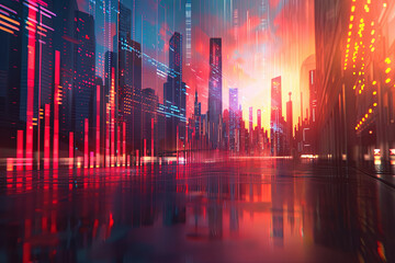Fototapeta premium Futuristic Neon Cityscape with Tall Buildings and Light Trails