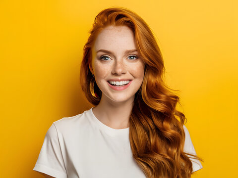 Chica pelirroja sonriente sobre fondo amarillo