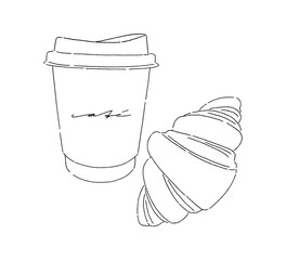 Set of coffee paper cup and croissant. Line vector cafe elements isolated on the white background