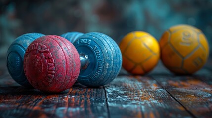 sport equipment and balls in front of black background