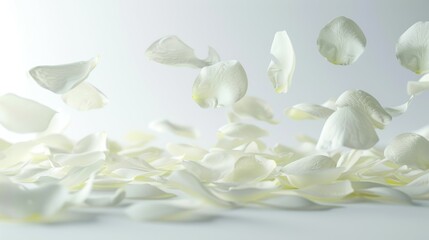 A large number of white flower petals scattered across a white background, rose