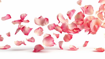 Pink flower petals are falling from the sky, creating a sense of beauty, rose