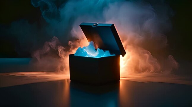 Futuristk surprise black box with light on dark smoky background