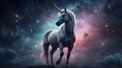 Obraz premium a majestic white unicorn in a cosmic setting, unicorn, space, galaxy, fantasy, magical, cosmic, stars, nebula, mythology, legendary creature, surreal, surreal, dreamlike, mystical, celestial, ethereal